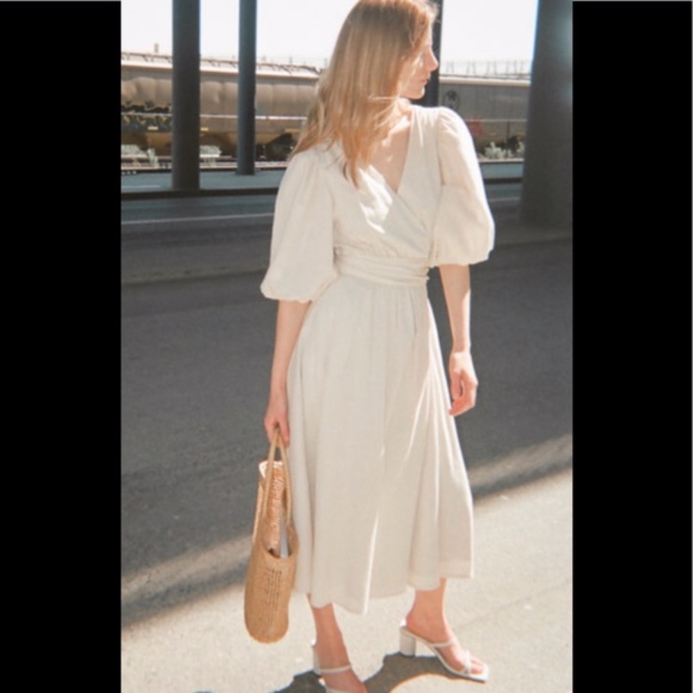 Oak + Fort Teal Linen Wrap Dress